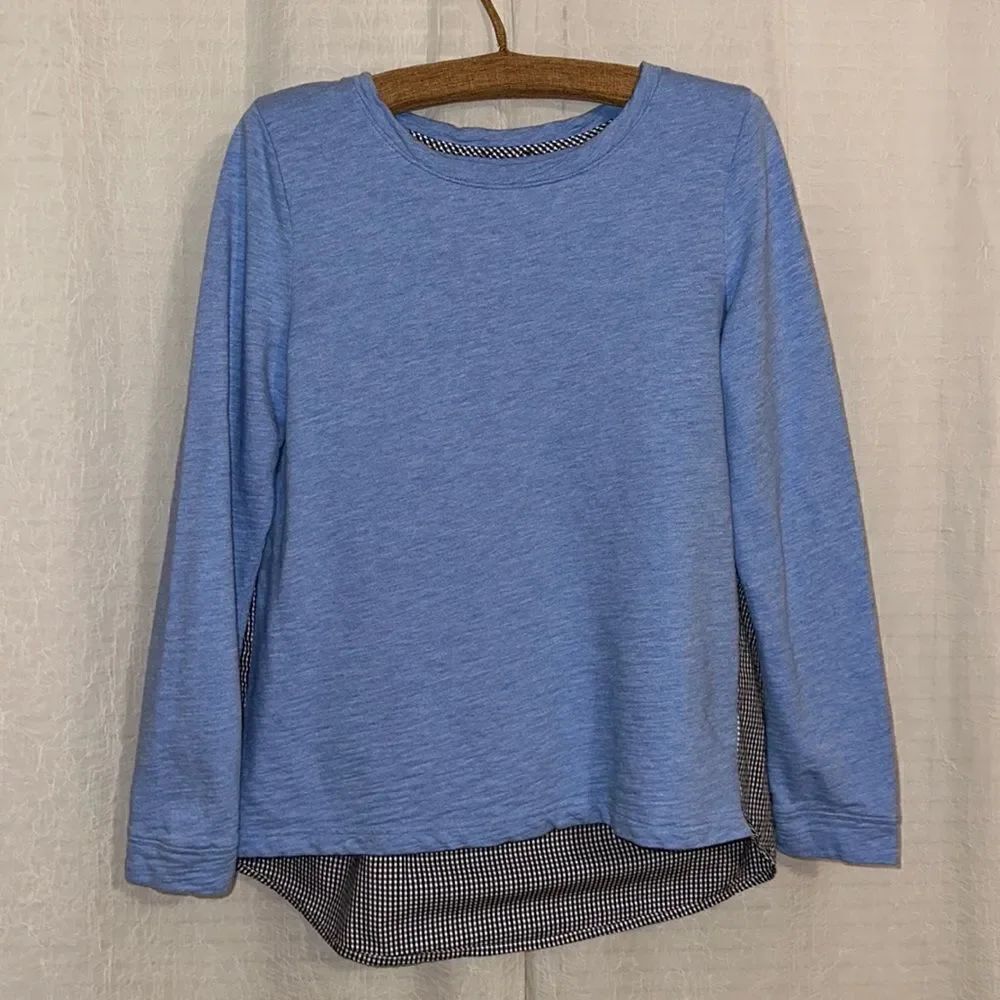 Talbots L Blue Crewneck High Low Sweatshirt Black White Gingham Back